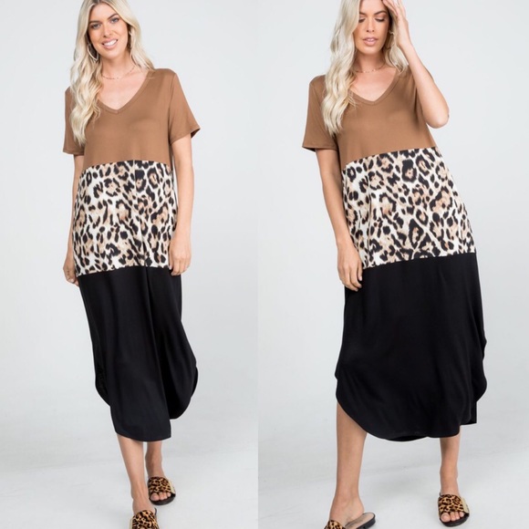 NEW Boutique Color Block Leopard Print Dress Plus - Picture 2 of 7